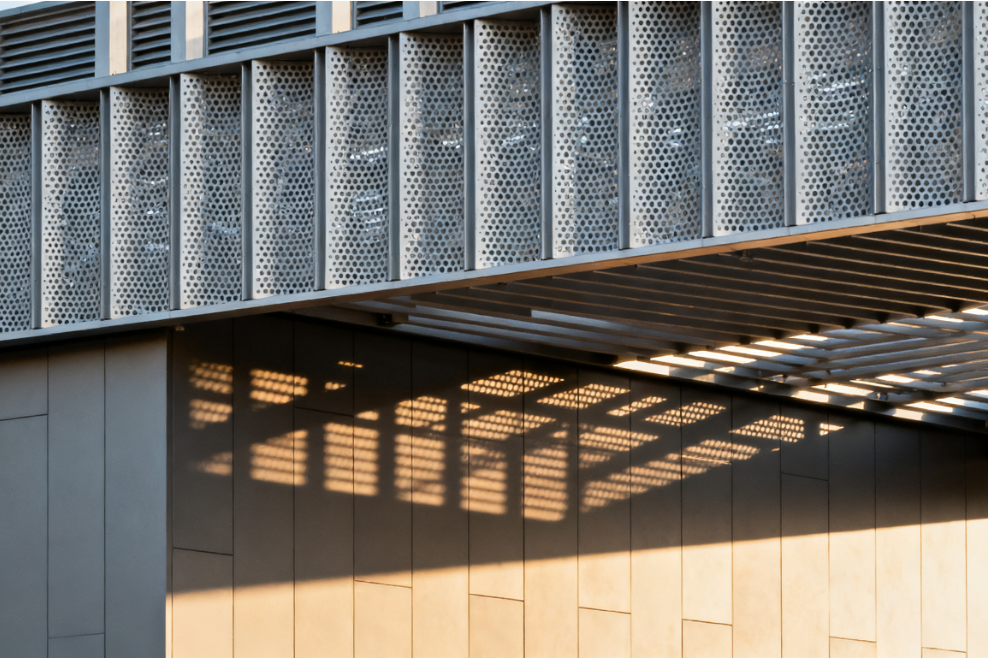Precision Façade Engineering: Back‑Wall Mounted Sunshade with Custom‑Sized Perforated Metal Cladding