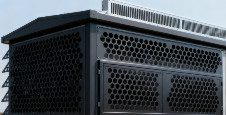 Roof-Edge Enclosure Systems with Angled Metal Sunshades and Vent Slot Inserts
