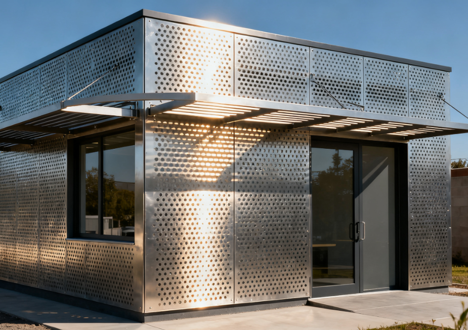 Smart Façade Solutions: Minimal Use Area Sunshade & Perforated Metal Cladding with Static Airflow