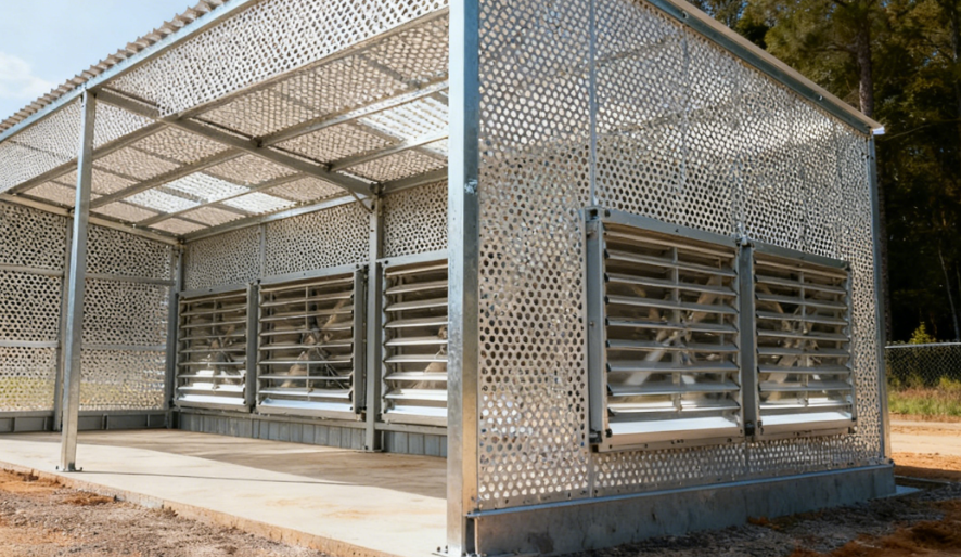 Upgrading Equipment Service Bays with Metal Sunshade & Restricted Airflow Panels