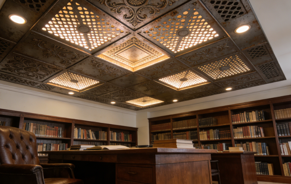 Vintage‑Style Punched Ceiling Panels for Reading Rooms