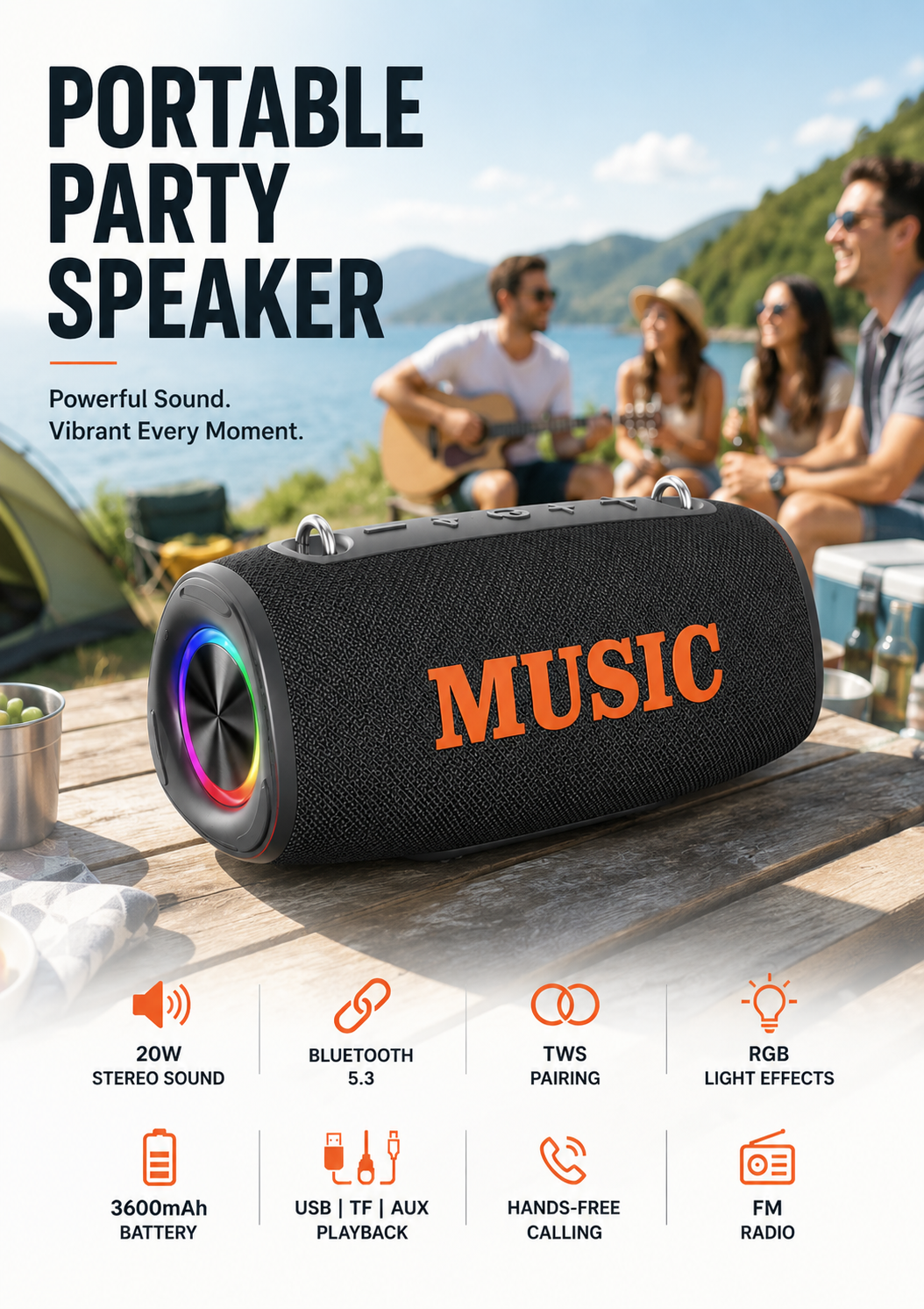 Portable RGB Bluetooth Speaker with Powerful Bass and Party LED Light