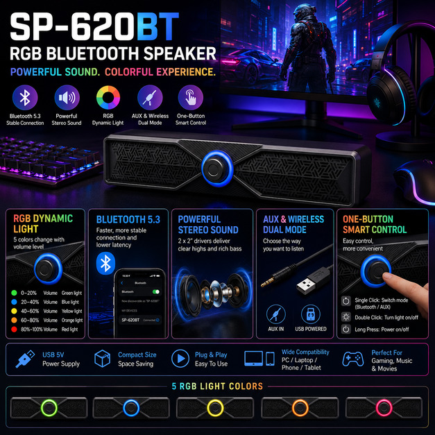 Bluetooth 5.4 Wireless Soundbar Speaker with LED Light Ring, 316mm Compact Audio Bar