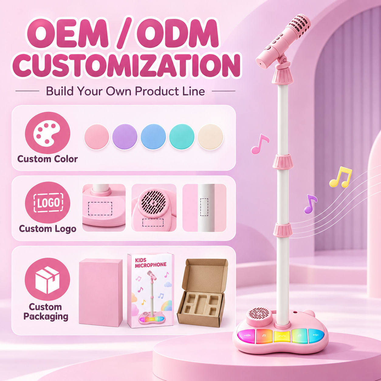 Kids Standing Bluetooth Karaoke Machine with Microphone, Pink Bear Design, Adjustable Height 60-100cm, for 3-8 Years Old