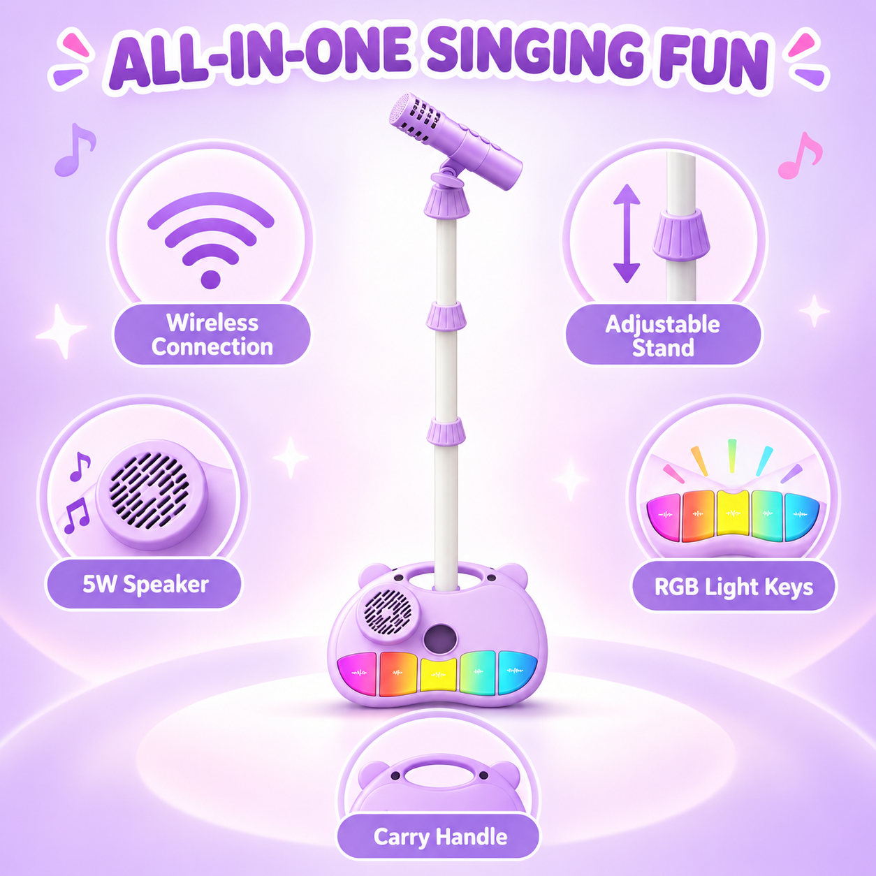 Kids Standing Bluetooth Karaoke Machine with Microphone, Pink Bear Design, Adjustable Height 60-100cm, for 3-8 Years Old