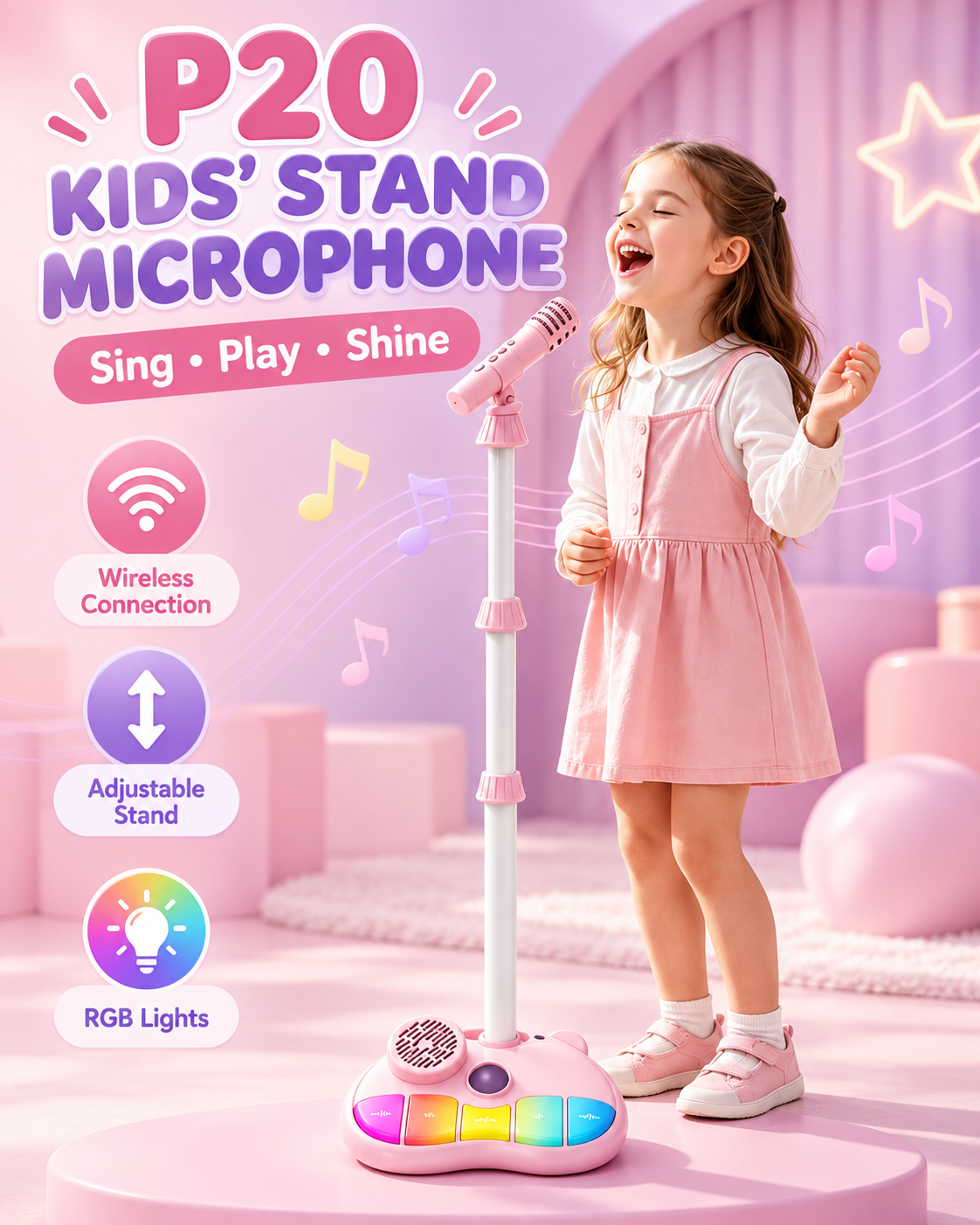 Kids Standing Bluetooth Karaoke Machine with Microphone, Pink Bear Design, Adjustable Height 60-100cm, for 3-8 Years Old