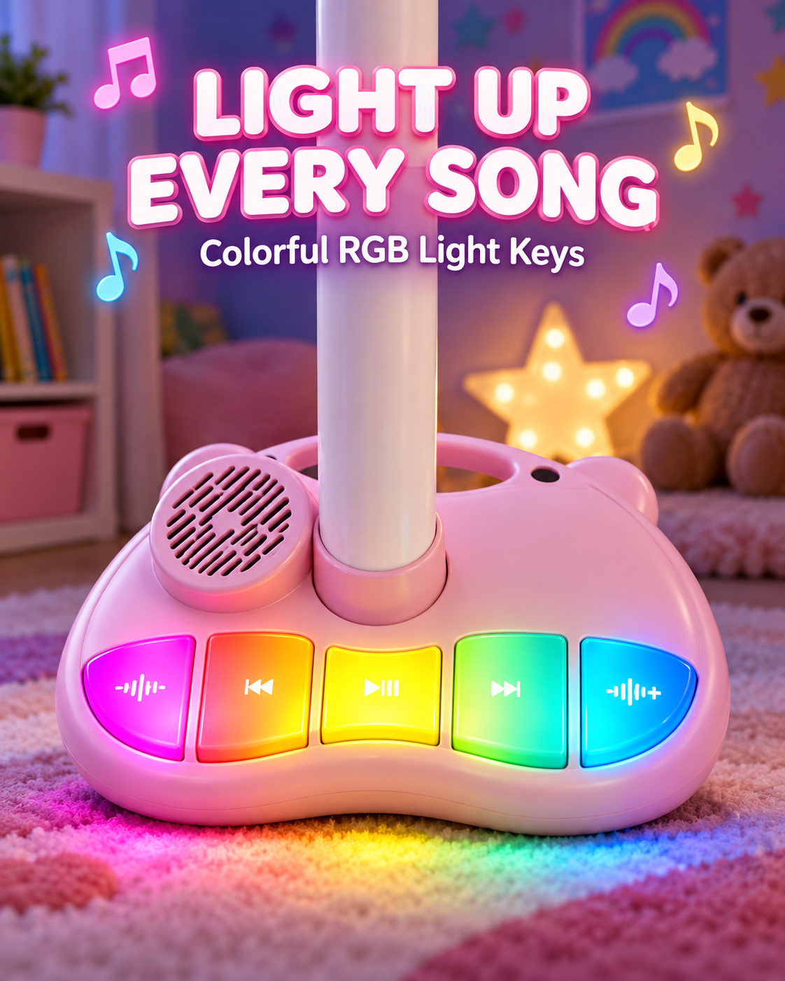 Kids Standing Bluetooth Karaoke Machine with Microphone, Pink Bear Design, Adjustable Height 60-100cm, for 3-8 Years Old