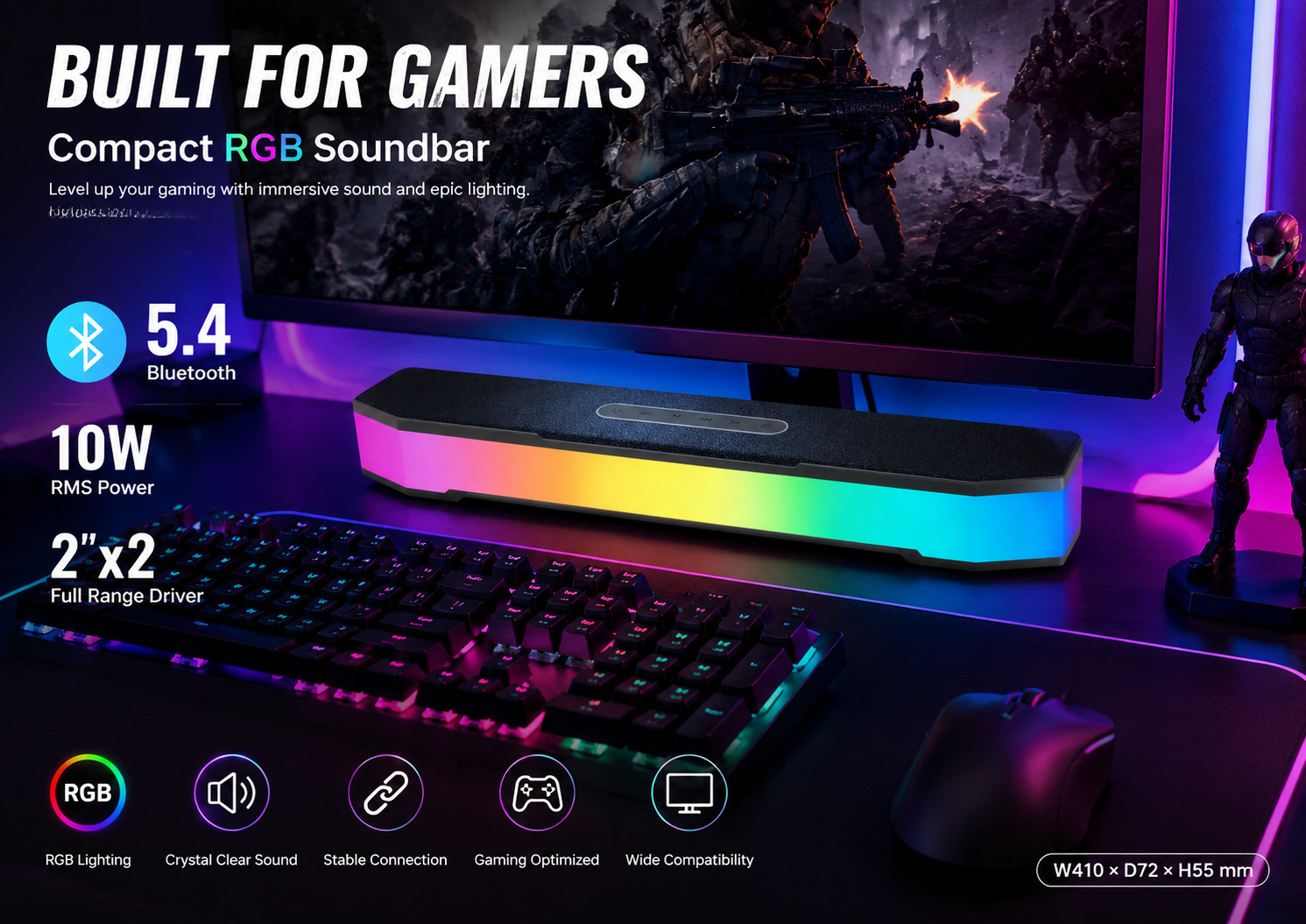 RGB Light Bluetooth 5.4 Gaming Soundbar USB Sound Card Desktop Speaker