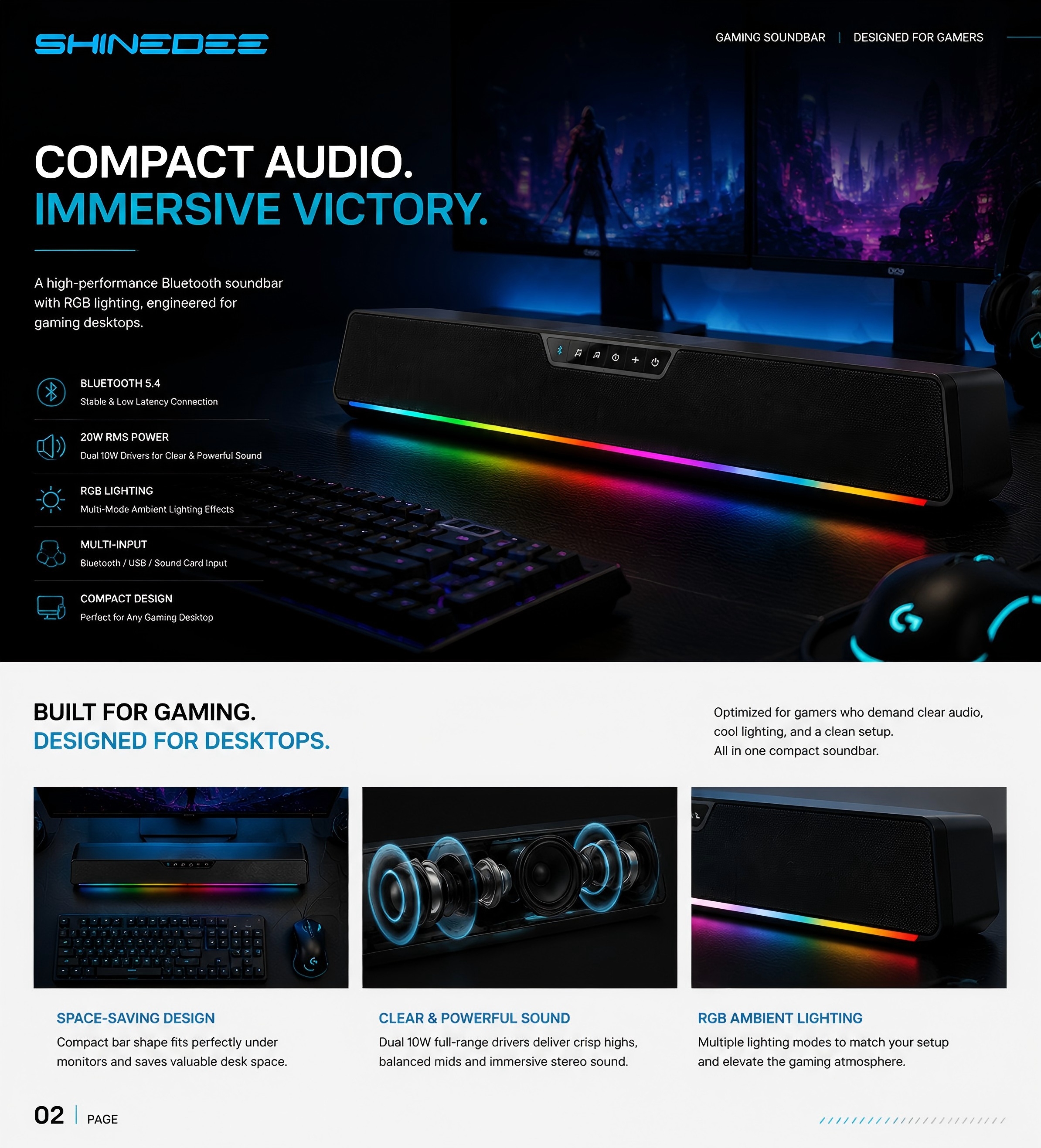 RGB Gaming Computer Soundbar USB Powered Bluetooth Desktop Speaker
