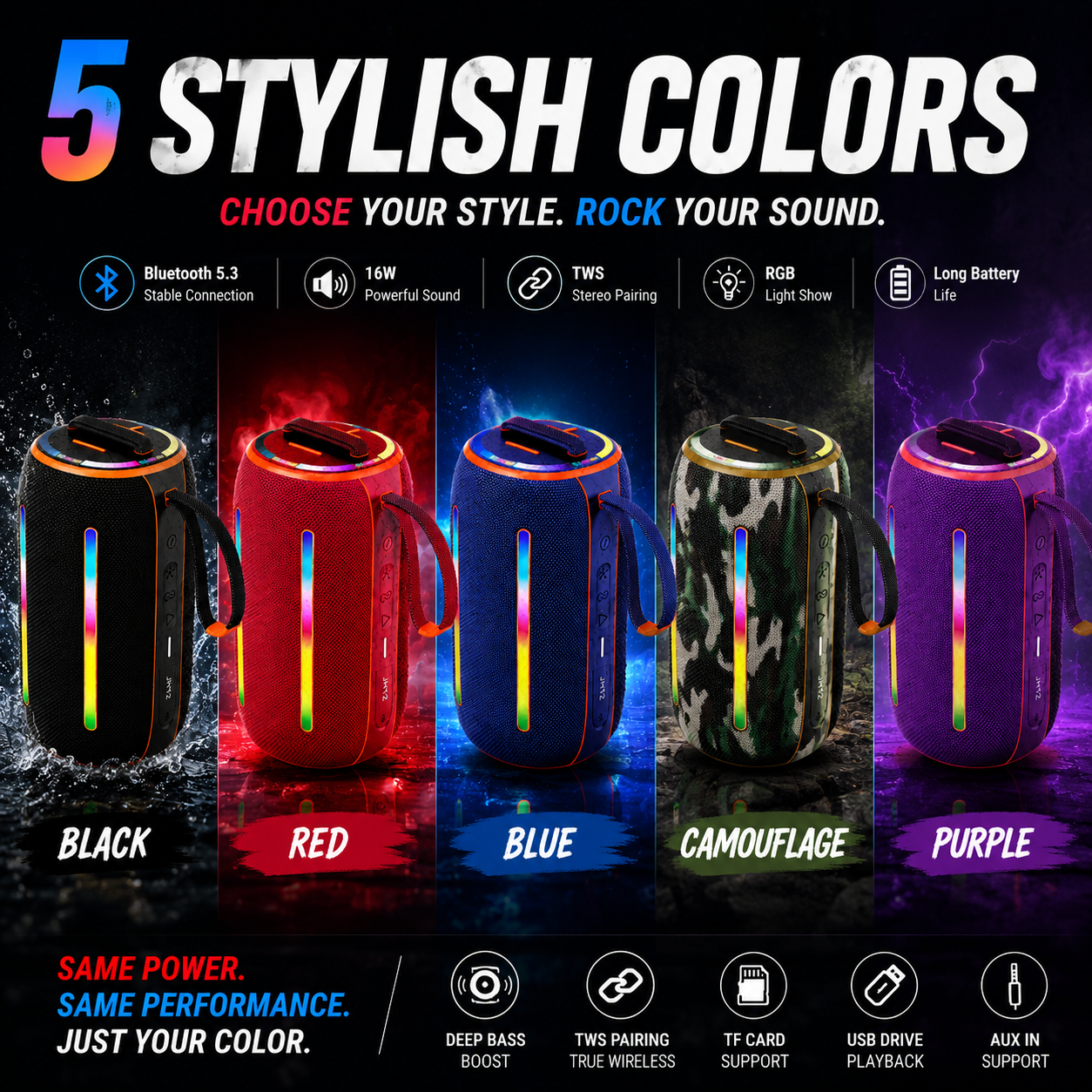 16W Latest Deep Bass IPX 6 water-resistance portable and outdoor Speaker with RGB LED Lighting Battery Personalized Round Wireless for Music Party Outdoor（SP-5312） Direct Manufacturer from China