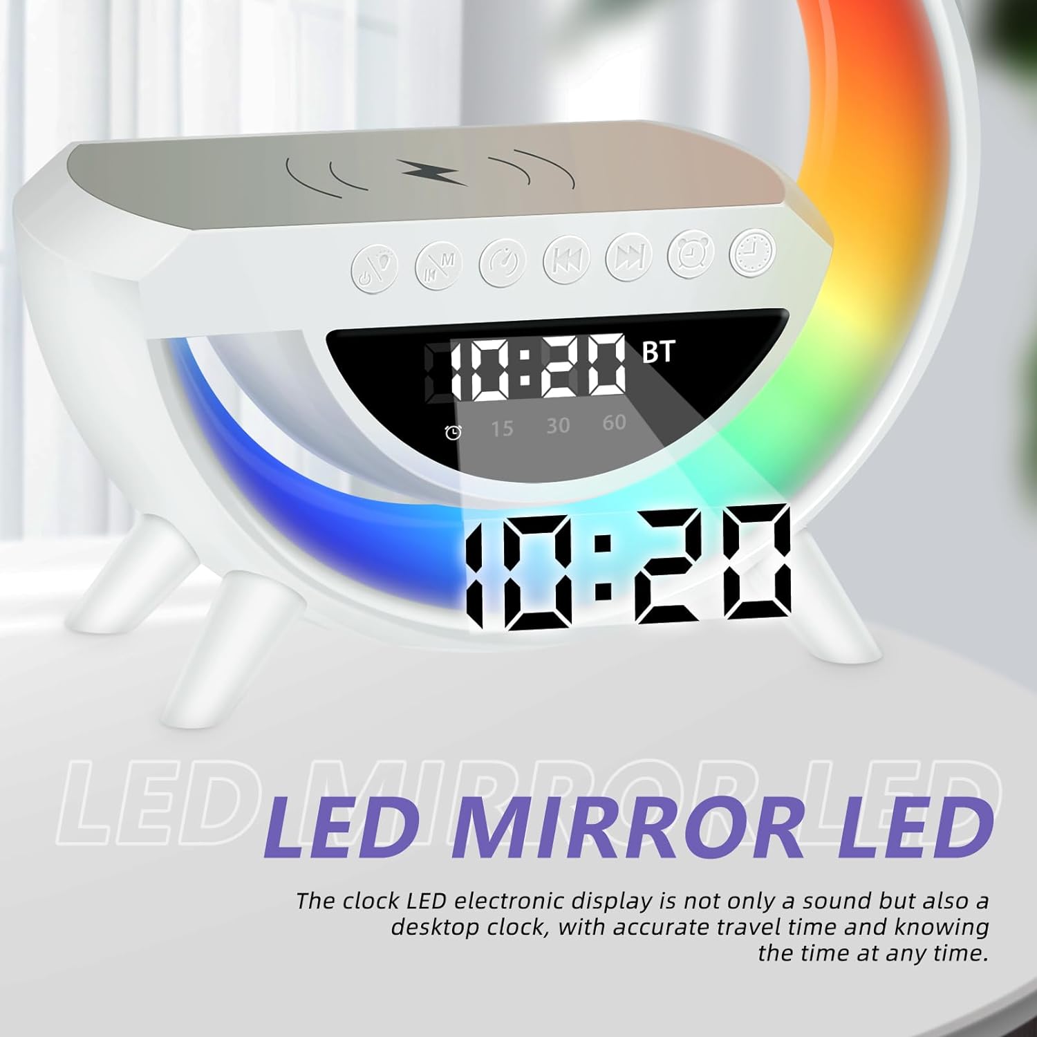 RGB Bluetooth Alarm Clock Speaker with Wireless Charging and LED Light