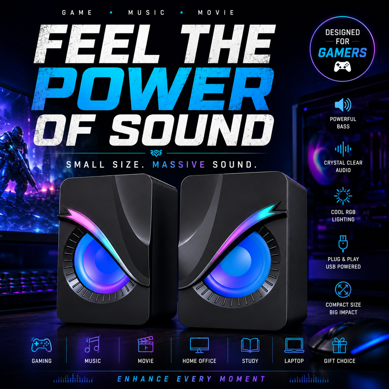 RGB Gaming Desktop Speakers with LED Light and line control, USB Powered Computer Speakers for PC Gaming  （SP-6609）