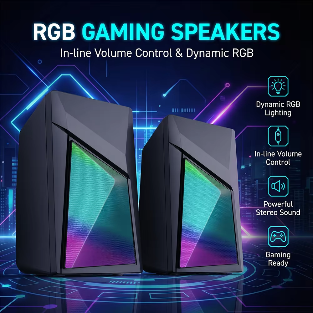 RGB Gaming Desktop Stereo Speakers for PC, Laptop & Multimedia Entertainment, 2.0 Channel PC Gaming Speaker with multiple Colorful LED  Modes(SP-2135)