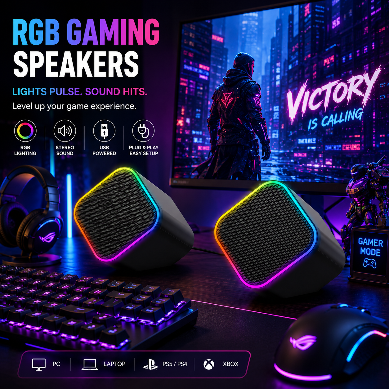 2.0 RGB Gaming Speakers for PC Desktop, USB-Powered Stereo Computer Speakers with Dynamic LED Lighting – SP-201