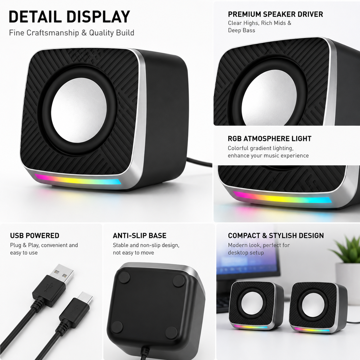 USB-Powered RGB Gaming Speakers for PC Desktop, 2.0 Stereo Sound with Dynamic LED Lighting（SP-200 PRO）
