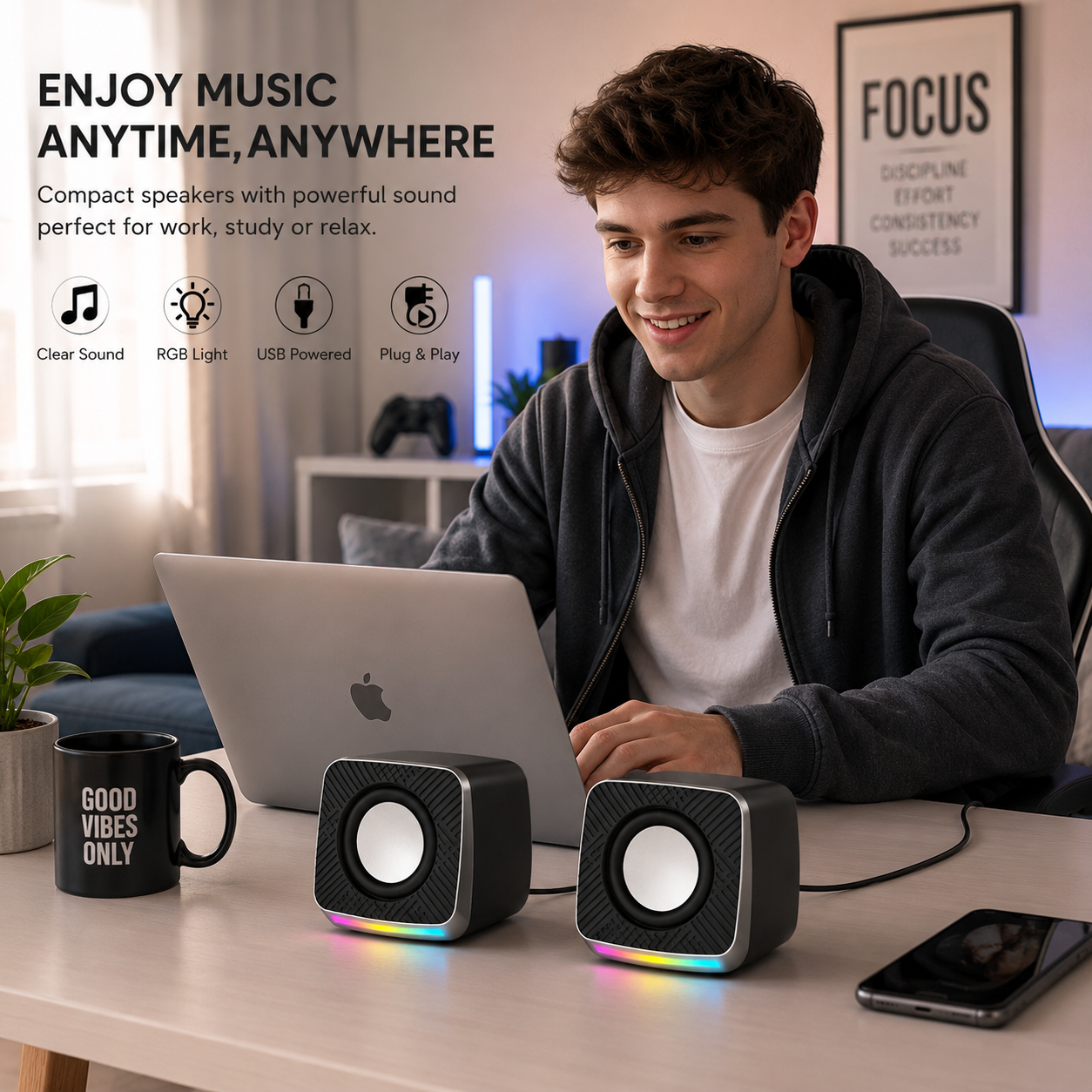 USB-Powered RGB Gaming Speakers for PC Desktop, 2.0 Stereo Sound with Dynamic LED Lighting（SP-200 PRO）
