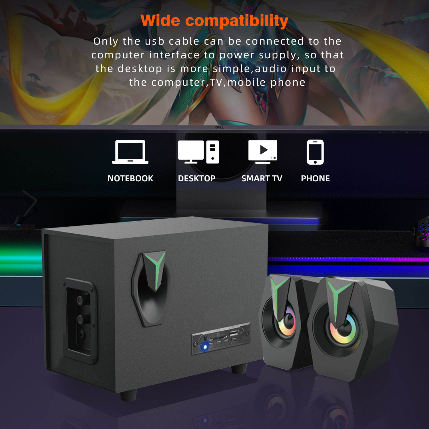 RGB LED 2.1 Gaming Speaker System with Subwoofer for PC Desktop （SP-2008）