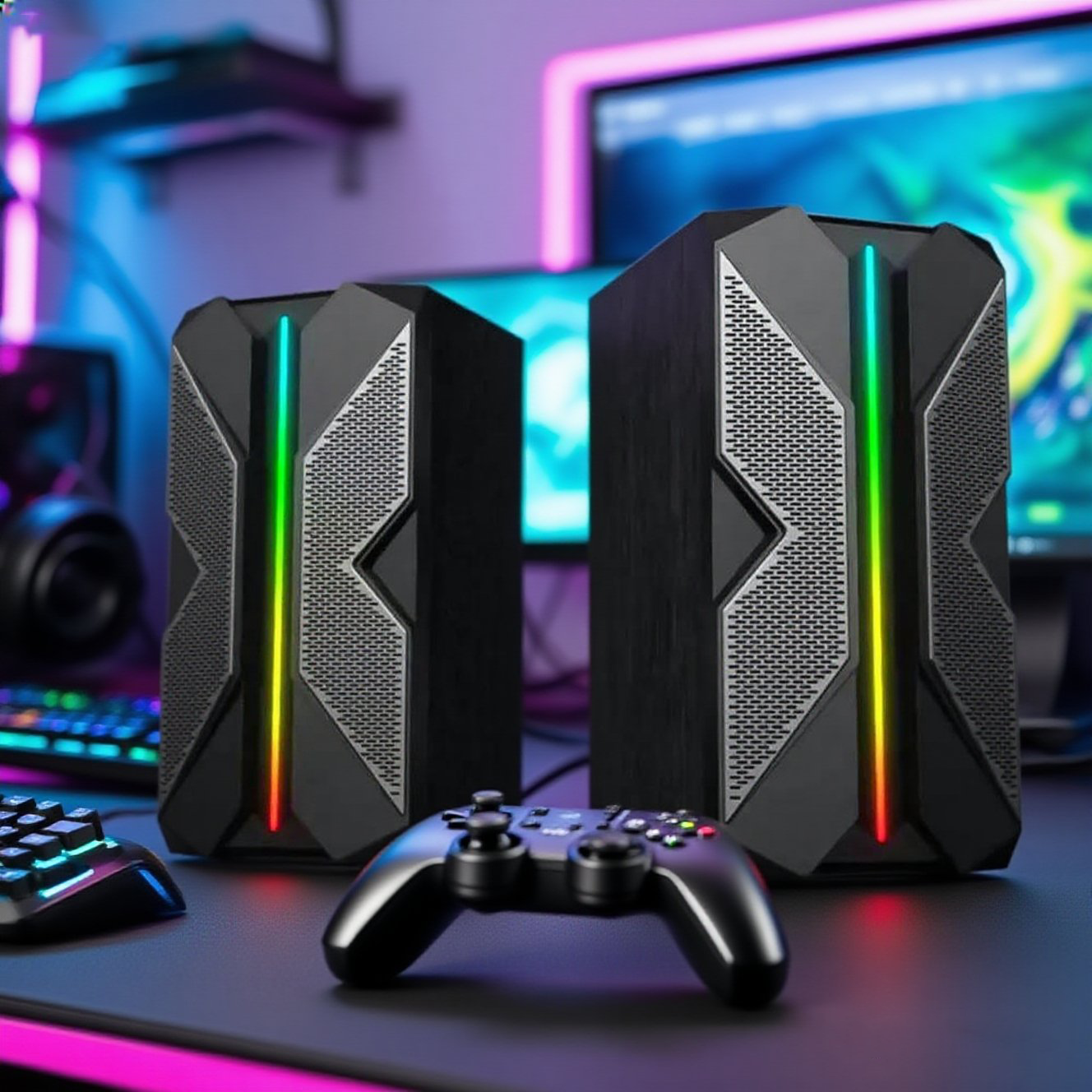 RGB LED Gaming Speaker with Stereo Sound and Futuristic Desktop Design| Clear stereo sound with enhanced bass feel for gaming, music, movies, videos, meetings （SP-2539）