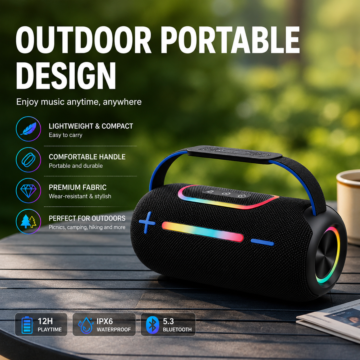 Portable Bluetooth Boom Box Speaker with RGB LED Light and Powerful Bass for Outdoor Entertainment