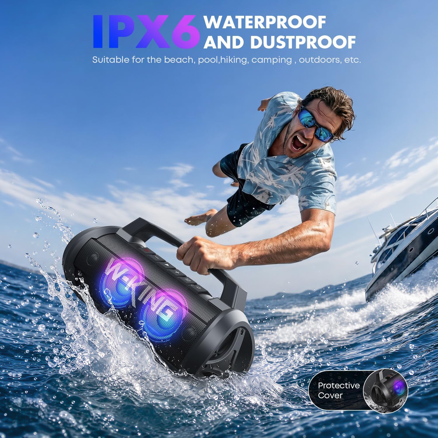 Portable Bluetooth Boom Box Speaker with RGB LED Light and Powerful Bass for Outdoor Entertainment