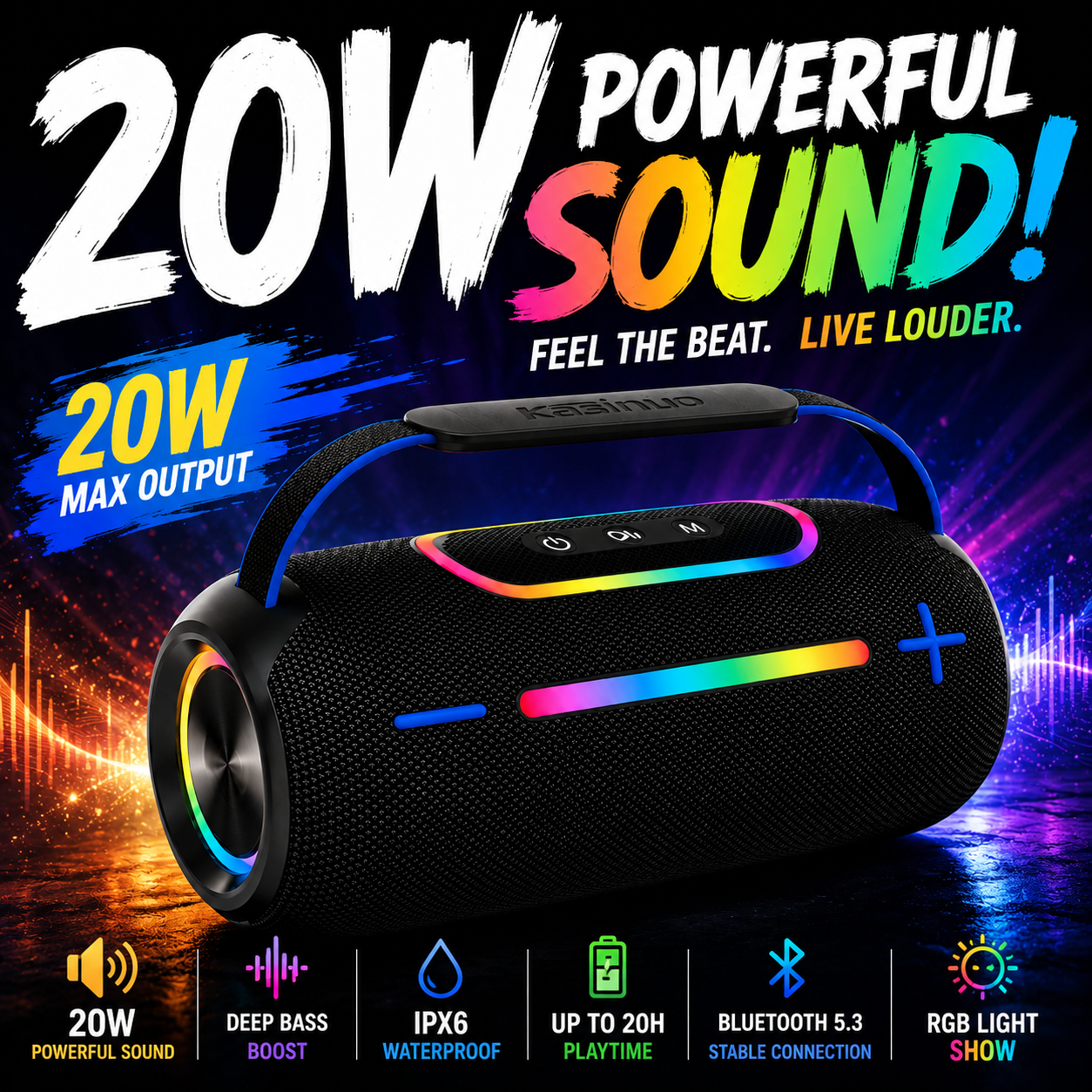 Portable Bluetooth Boom Box Speaker with RGB LED Light and Powerful Bass for Outdoor Entertainment