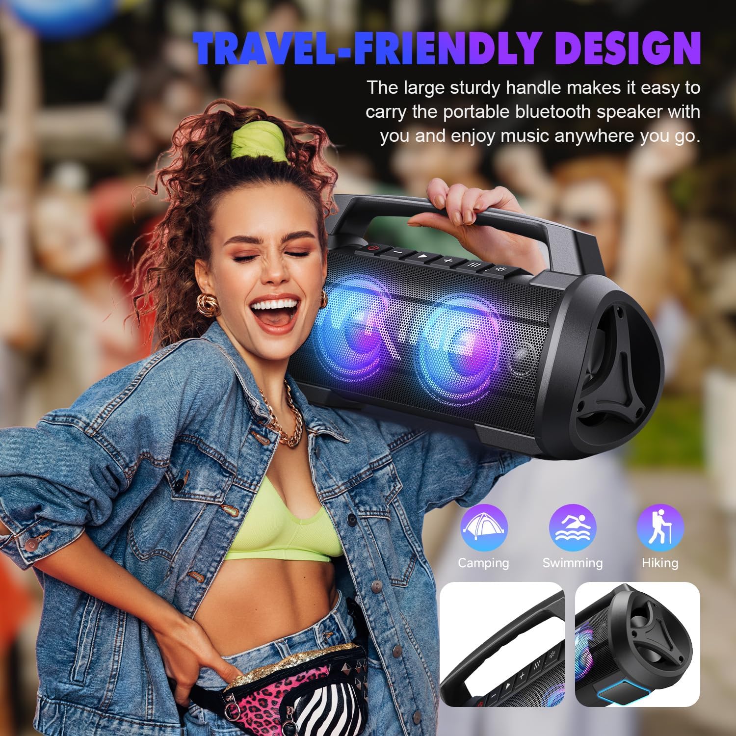 Portable Bluetooth Boom Box Speaker with RGB LED Light and Powerful Bass for Outdoor Entertainment