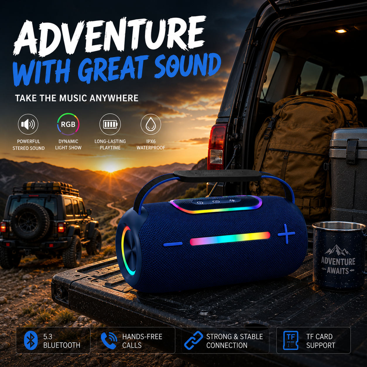 Portable Bluetooth Boom Box Speaker with RGB LED Light and Powerful Bass for Outdoor Entertainment