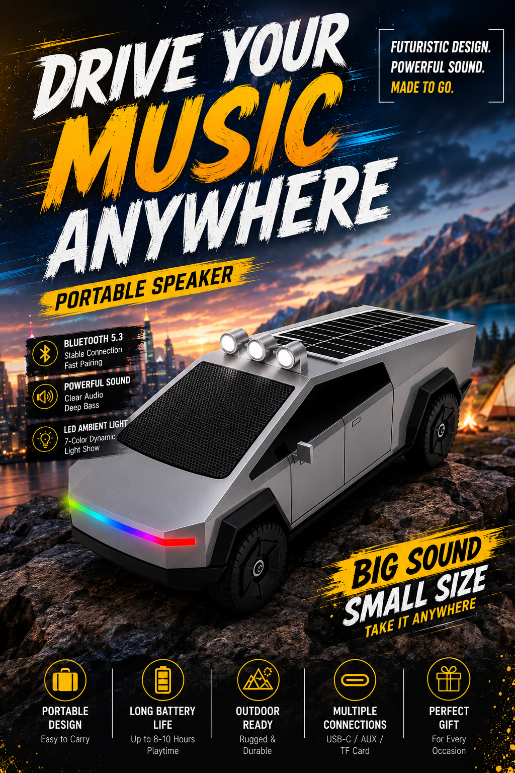 Cybertruck Style Bluetooth Speaker with RGB LED Light and Portable Outdoor Audio Design