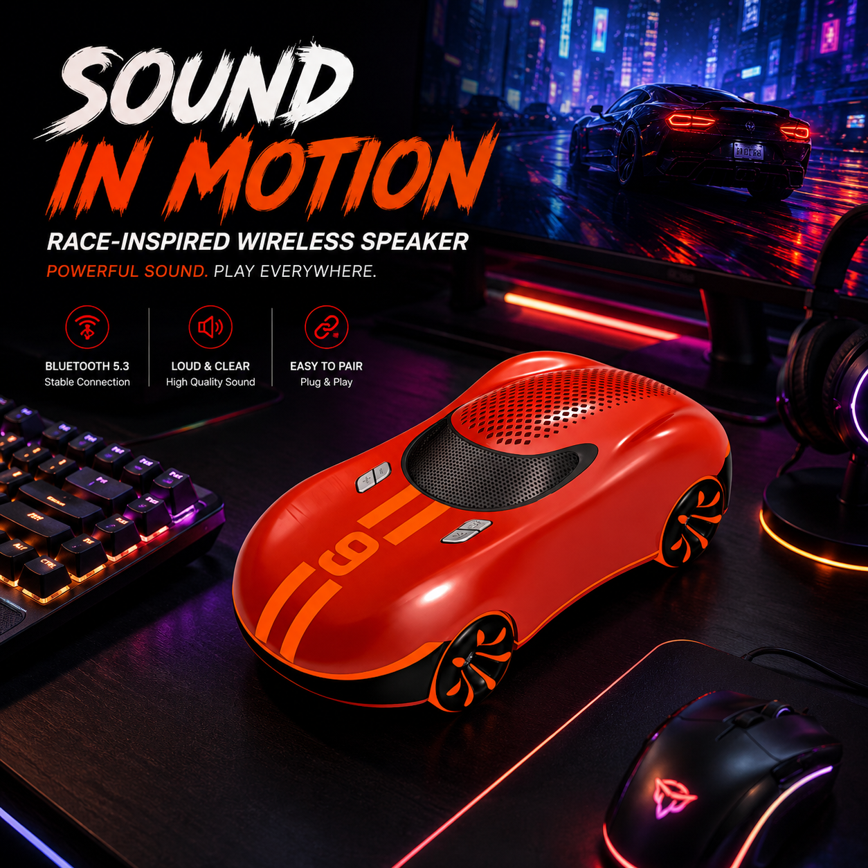 Sports Car Design Bluetooth Speaker with Powerful Sound and Portable Wireless Audio