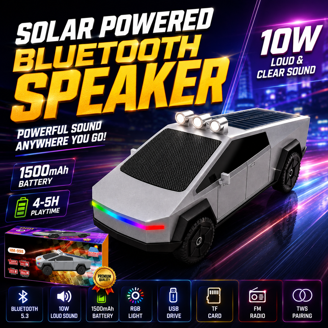 Cybertruck Style Bluetooth Speaker with RGB LED Light and Portable Outdoor Audio Design