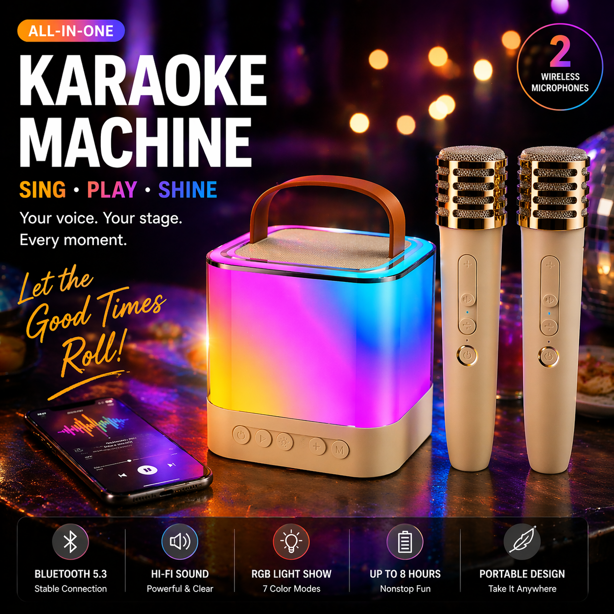 Portable Bluetooth Karaoke Speaker with Wireless Microphone, RGB LED Light, TF Card & AUX Playback (SP-9017)