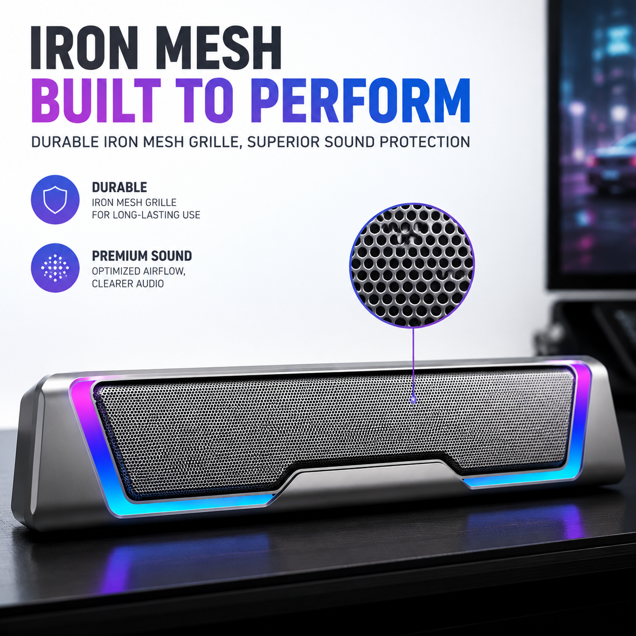 RGB Gaming Soundbar Speaker with Dynamic Lighting for PC Setup (SP-2604)