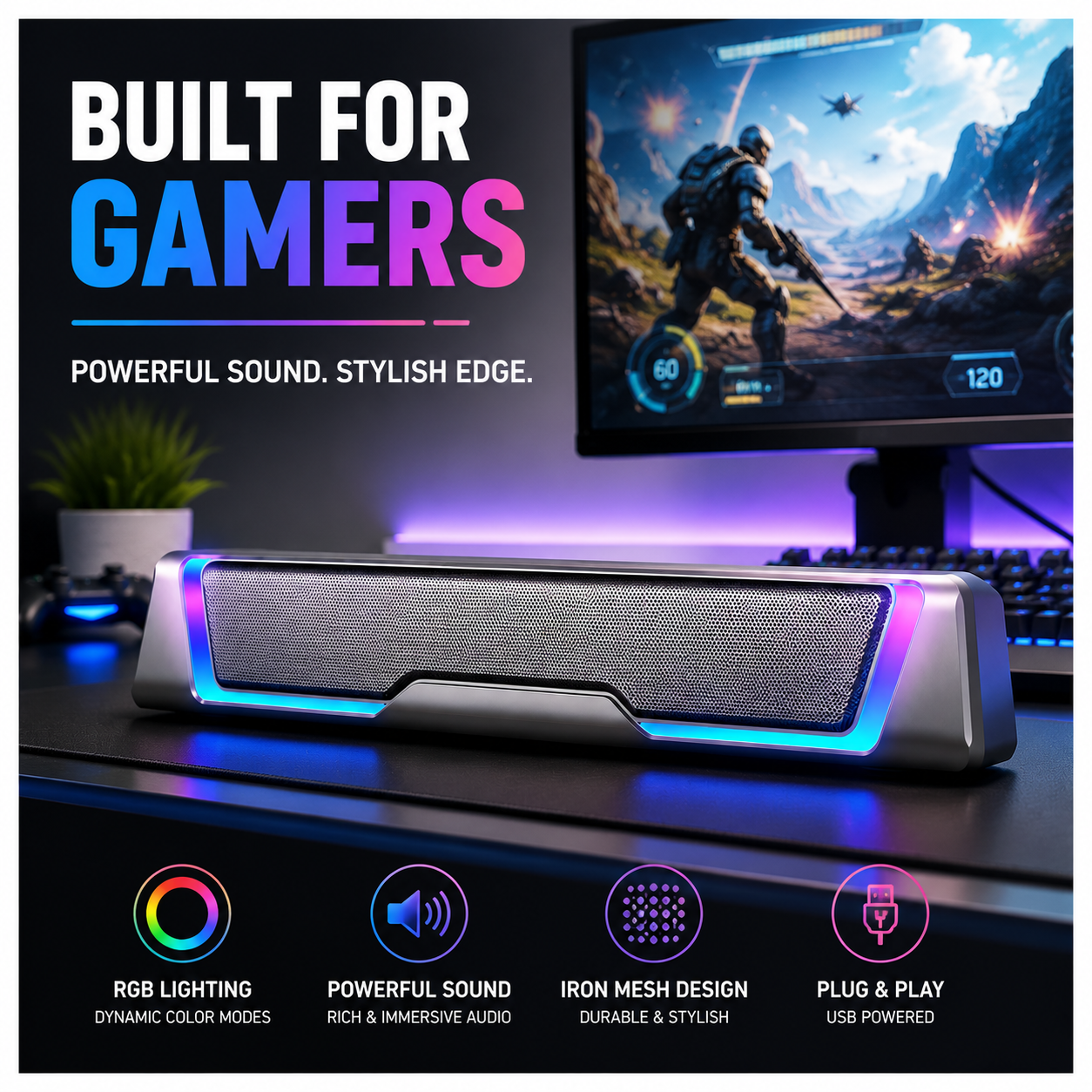 RGB Gaming Soundbar Speaker with Dynamic Lighting for PC Setup (SP-2604)