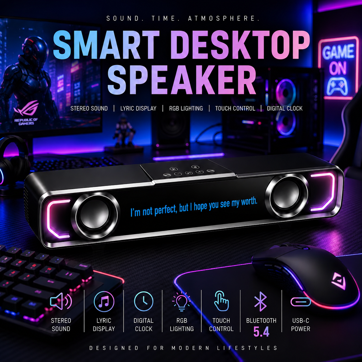 Digital Clock RGB LED Soundbar Speaker with touch control panel for PC Desktop Gaming （SP-262）