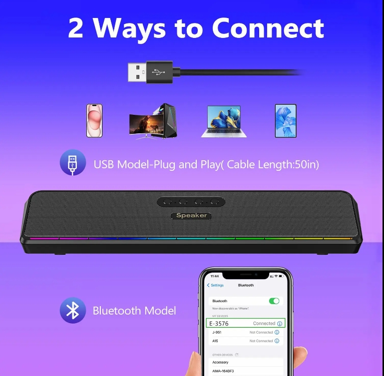 USB powered RGB LED Gaming Soundbar Speaker for Desktop