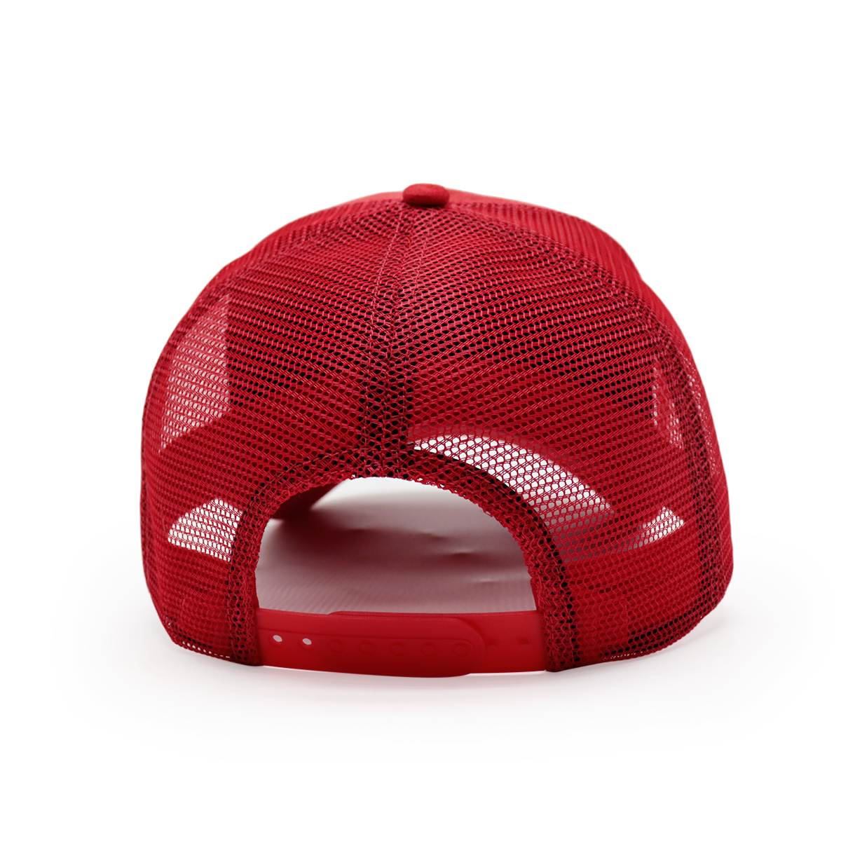 Red Suede Mesh Trucker Hat White Embroidered Script Logo Curved Brim Cap
