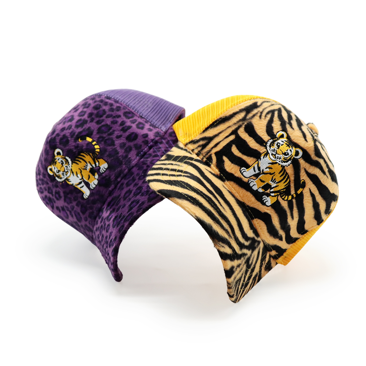 Velvet Animal Pattern Mesh Trucker Hat with Embroidered Tiger Logo