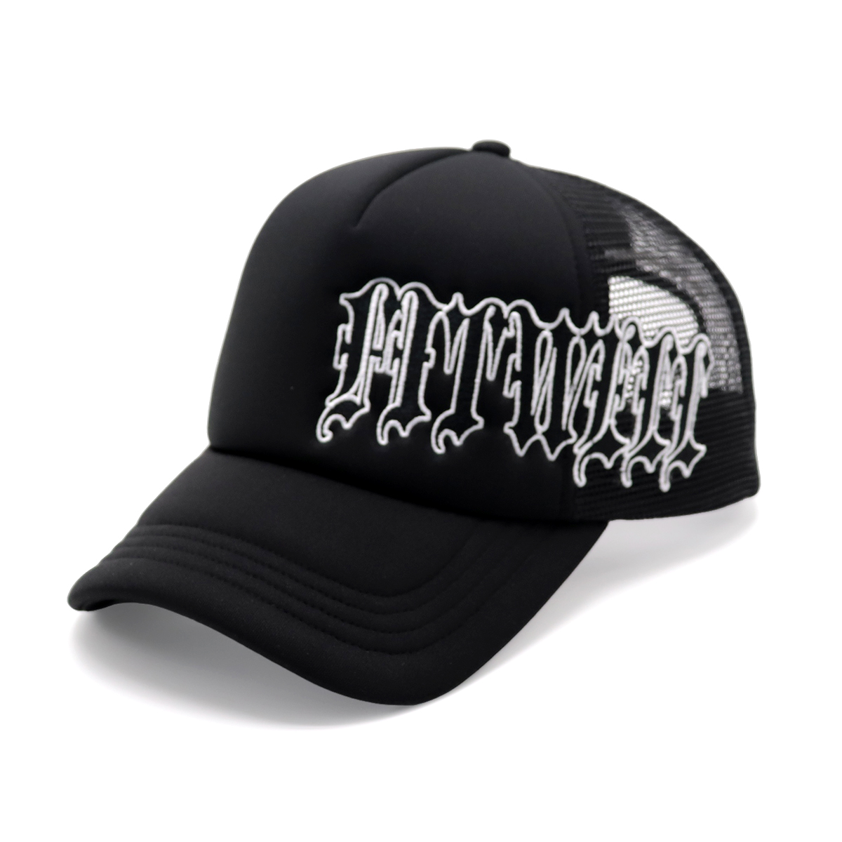FITWELL Gothic Letter Embroidered Trucker Cap - Black Mesh Adjustable Streetwear Hat