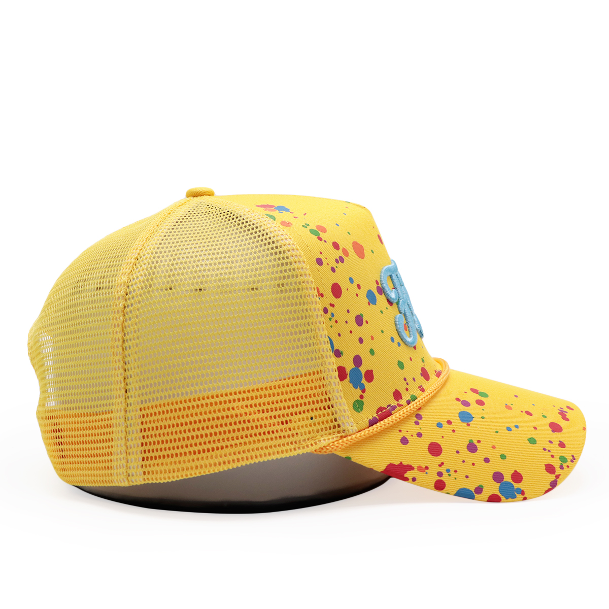 Yellow Paint Splatter 3D Embroidered Rope Trucker Hat Mesh Back Streetwear Cap