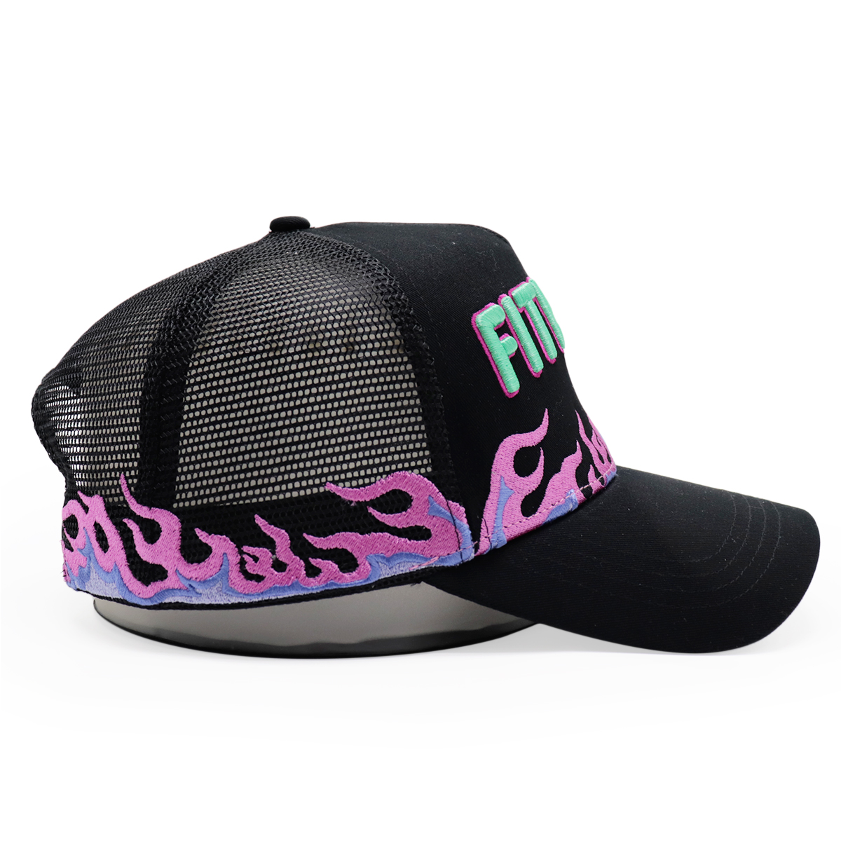 Black Mesh Trucker Cap with Flame Embroidery and FITWELL Logo