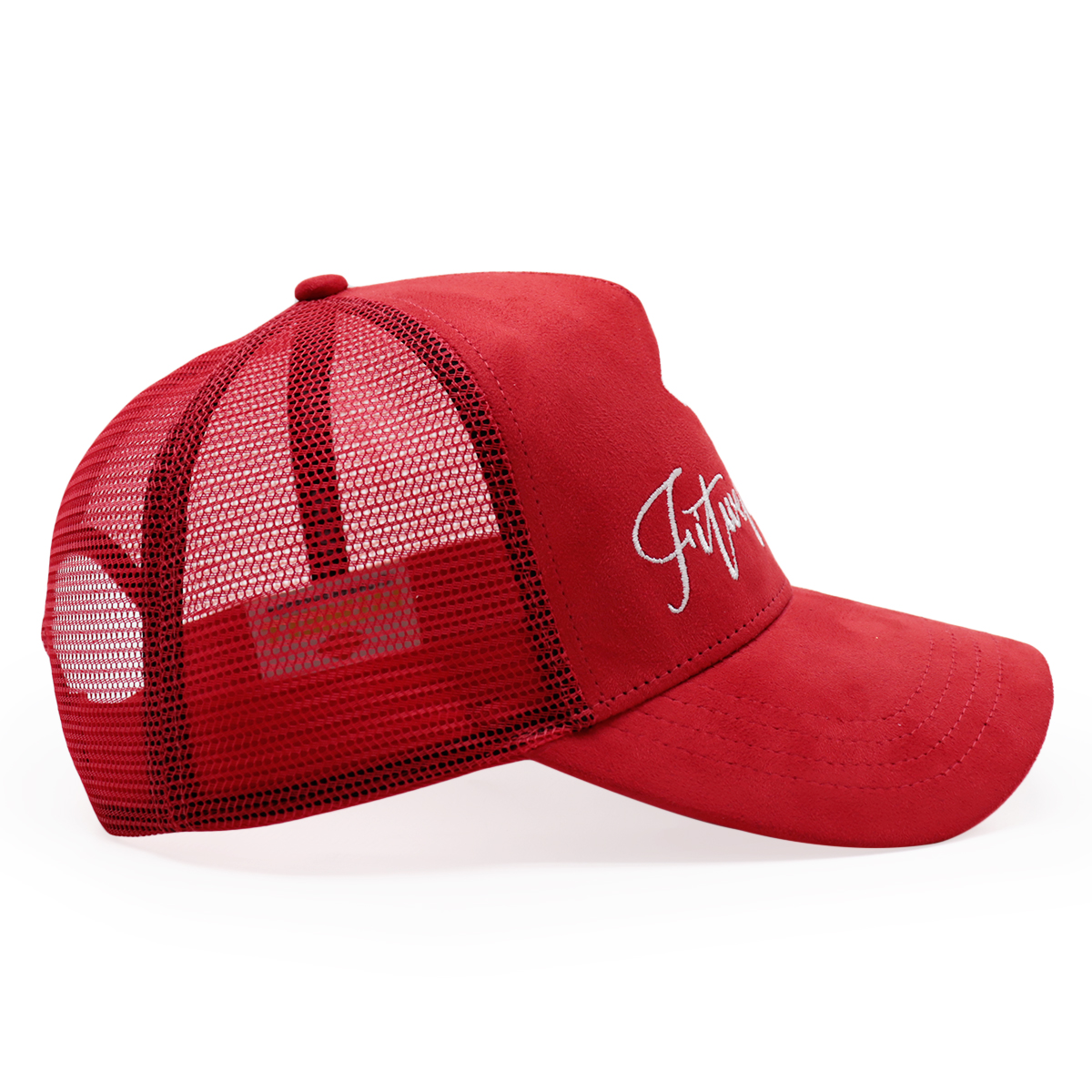 Red Suede Mesh Trucker Hat White Embroidered Script Logo Curved Brim Cap