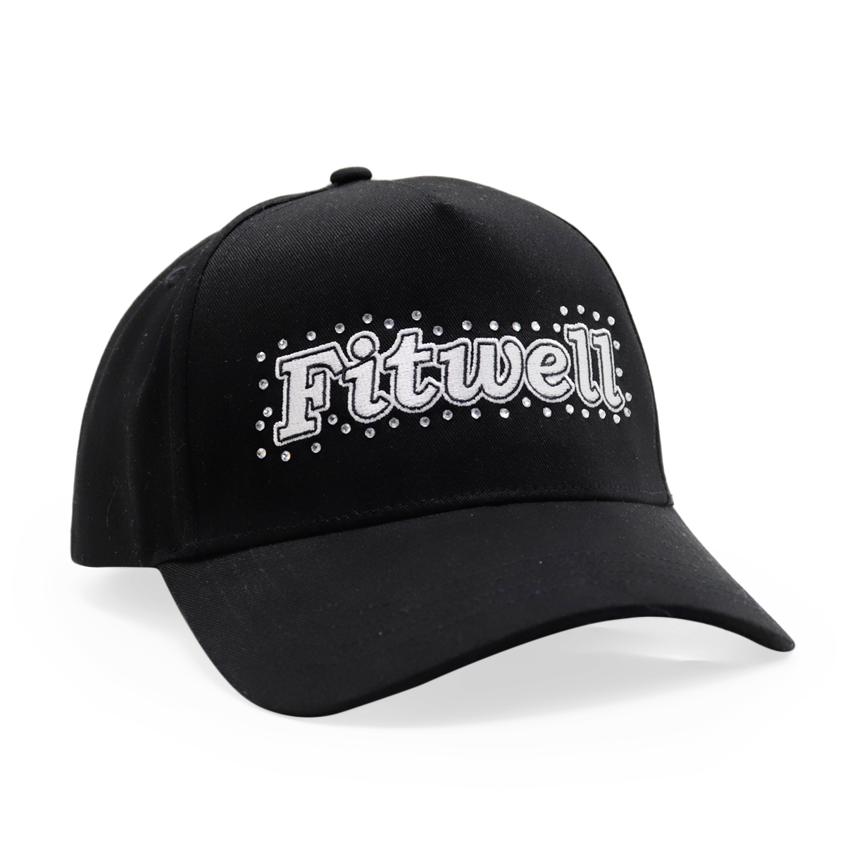 Black Baseball Cap with Silver Fitwell Embroidery and Rhinestone Studs