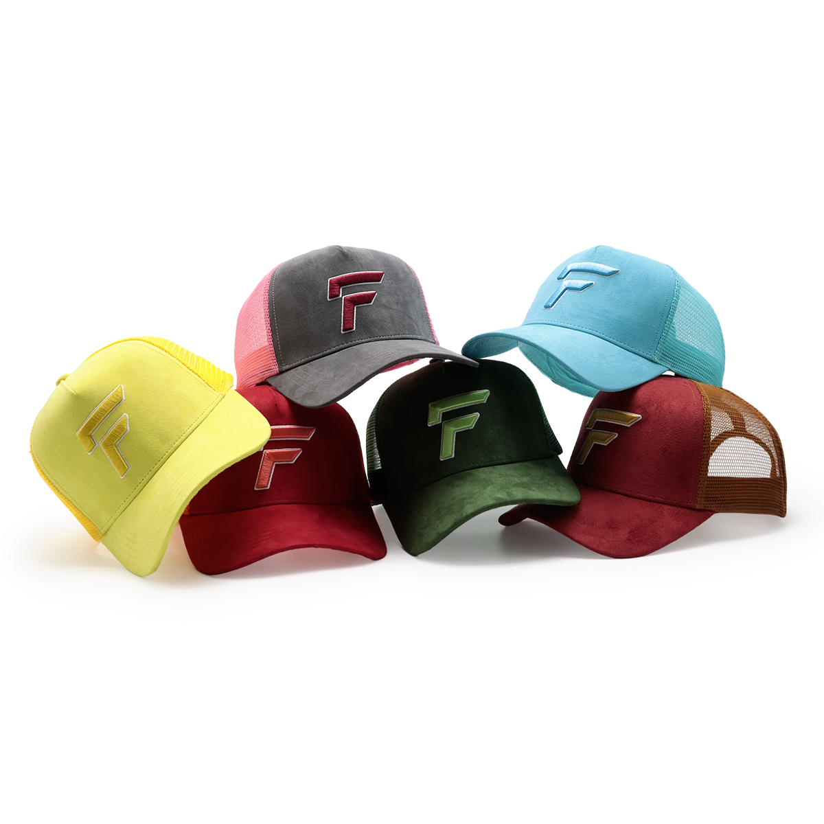 3D Embroidered Suede Mesh Trucker Cap – Multicolor, Raised Logo, Adjustable Snapback, Unisex Streetwear