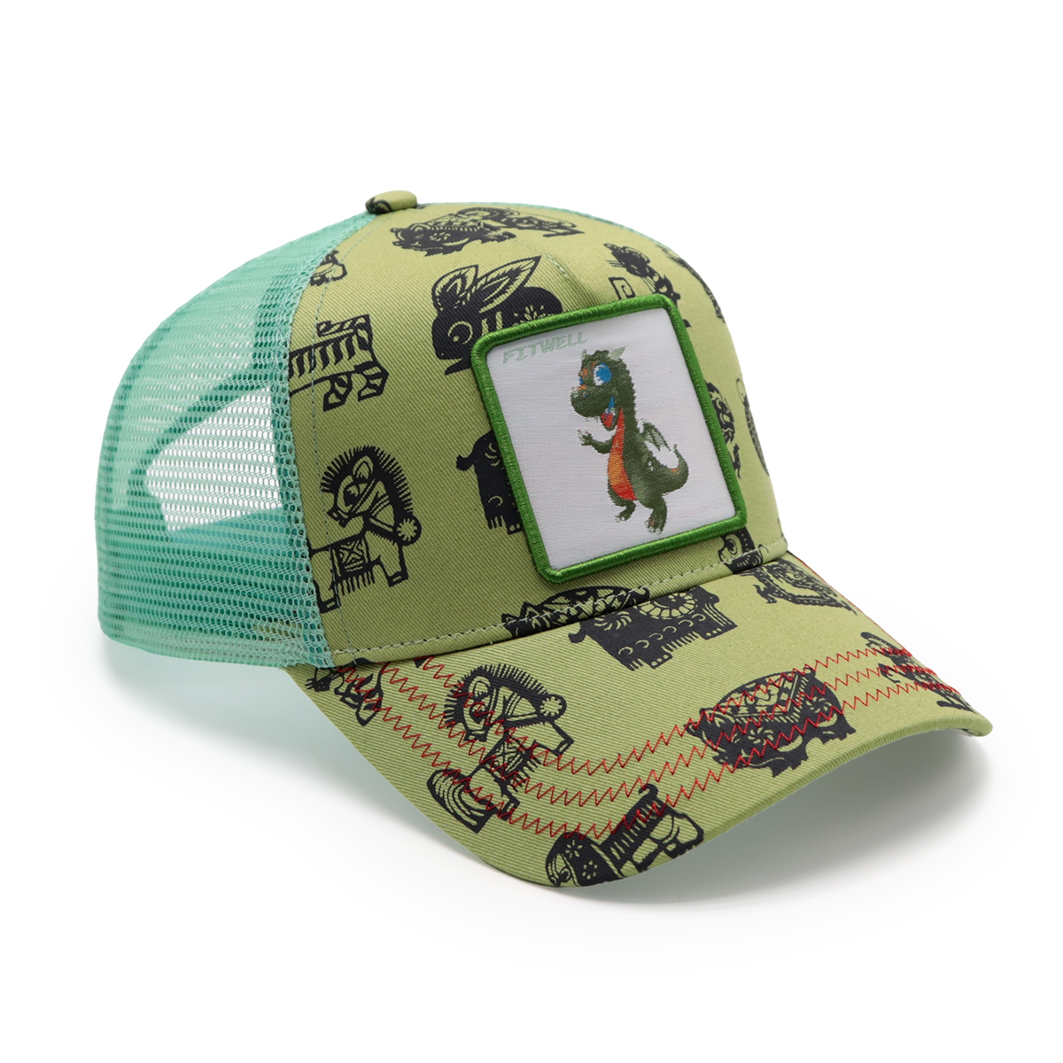 Cartoon Dinosaur Print Baseball Cap with Embroidered Patch - FITWELL Trendy Adjustable Trucker Hat