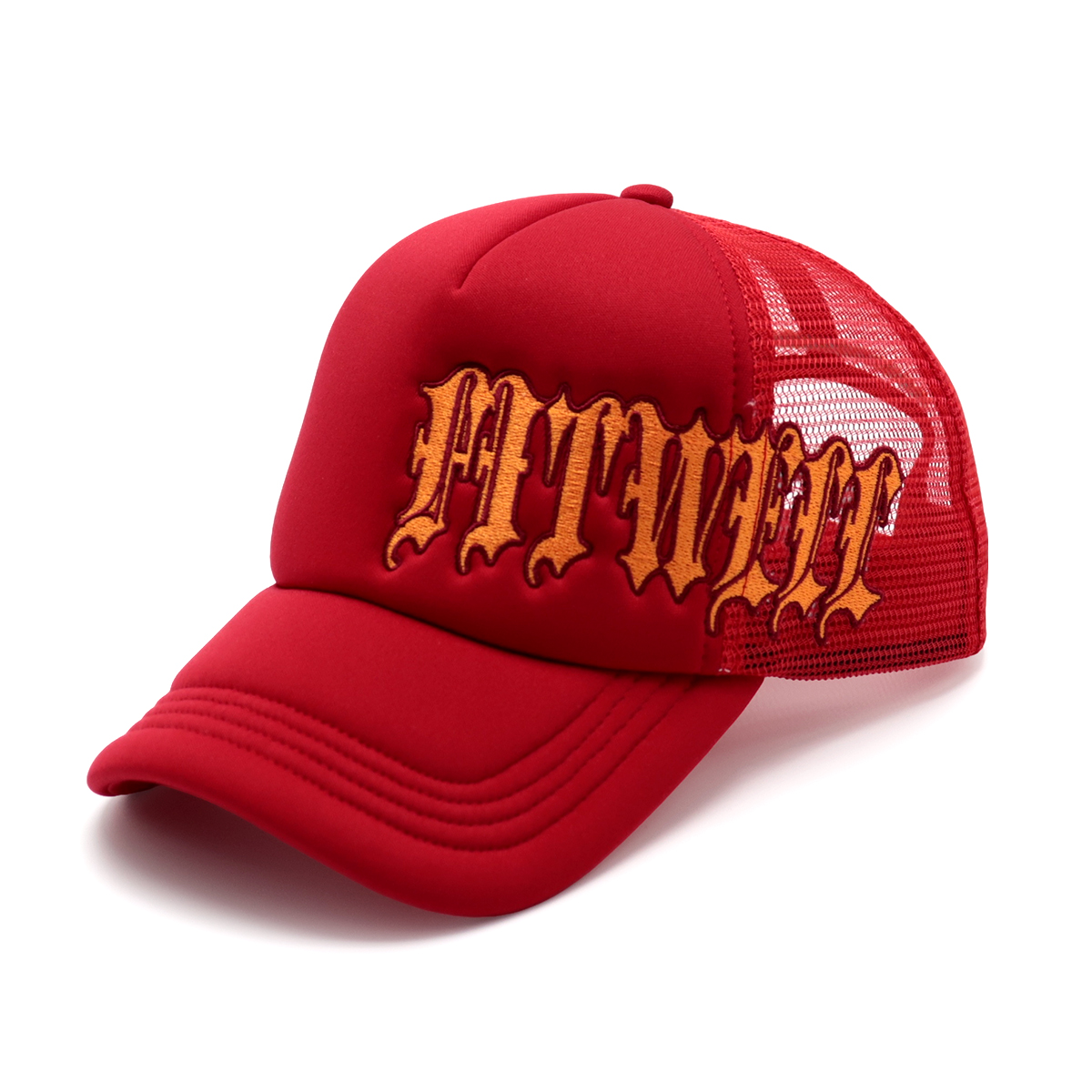 FITWELL Gothic Letter Embroidered Trucker Cap - Black Mesh Adjustable Streetwear Hat