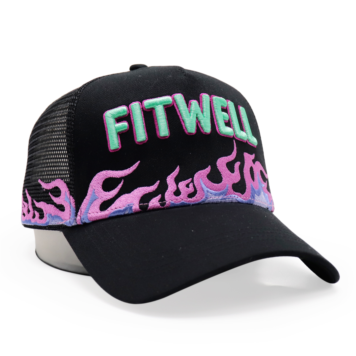 Black Mesh Trucker Cap with Flame Embroidery and FITWELL Logo