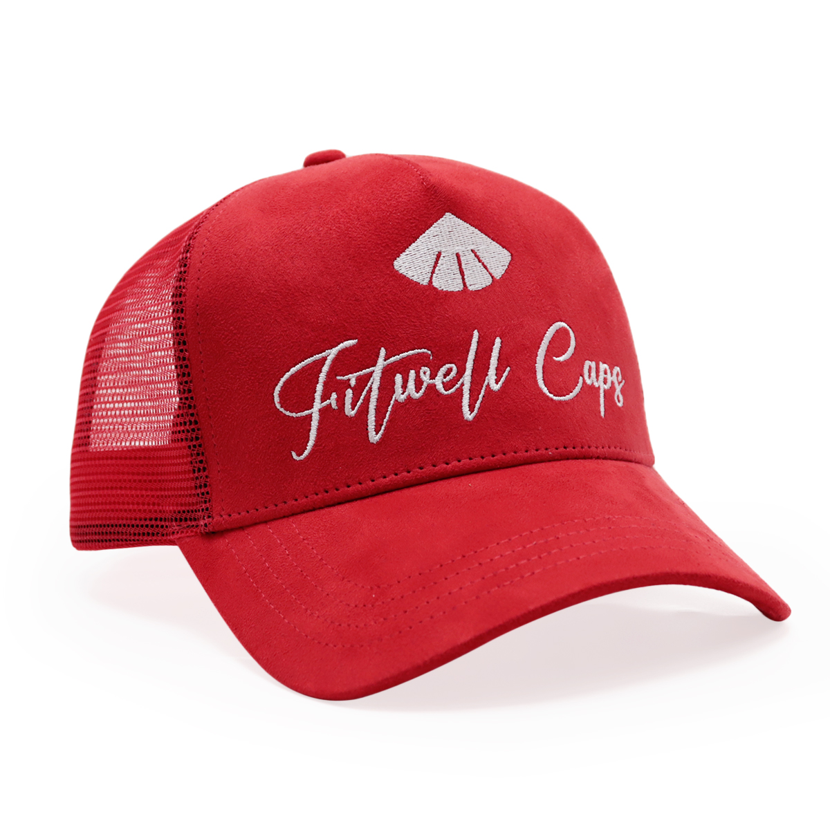 Red Suede Mesh Trucker Hat White Embroidered Script Logo Curved Brim Cap