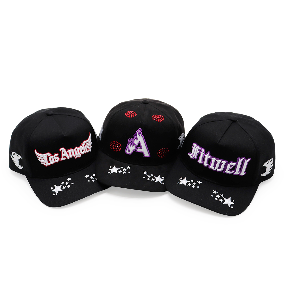 3D Embroidery Logo Black Baseball Caps, Flame & Star Pattern, Adjustable Unisex Hip-hop Cap (Los Angeles / Fitwell / A Letter)