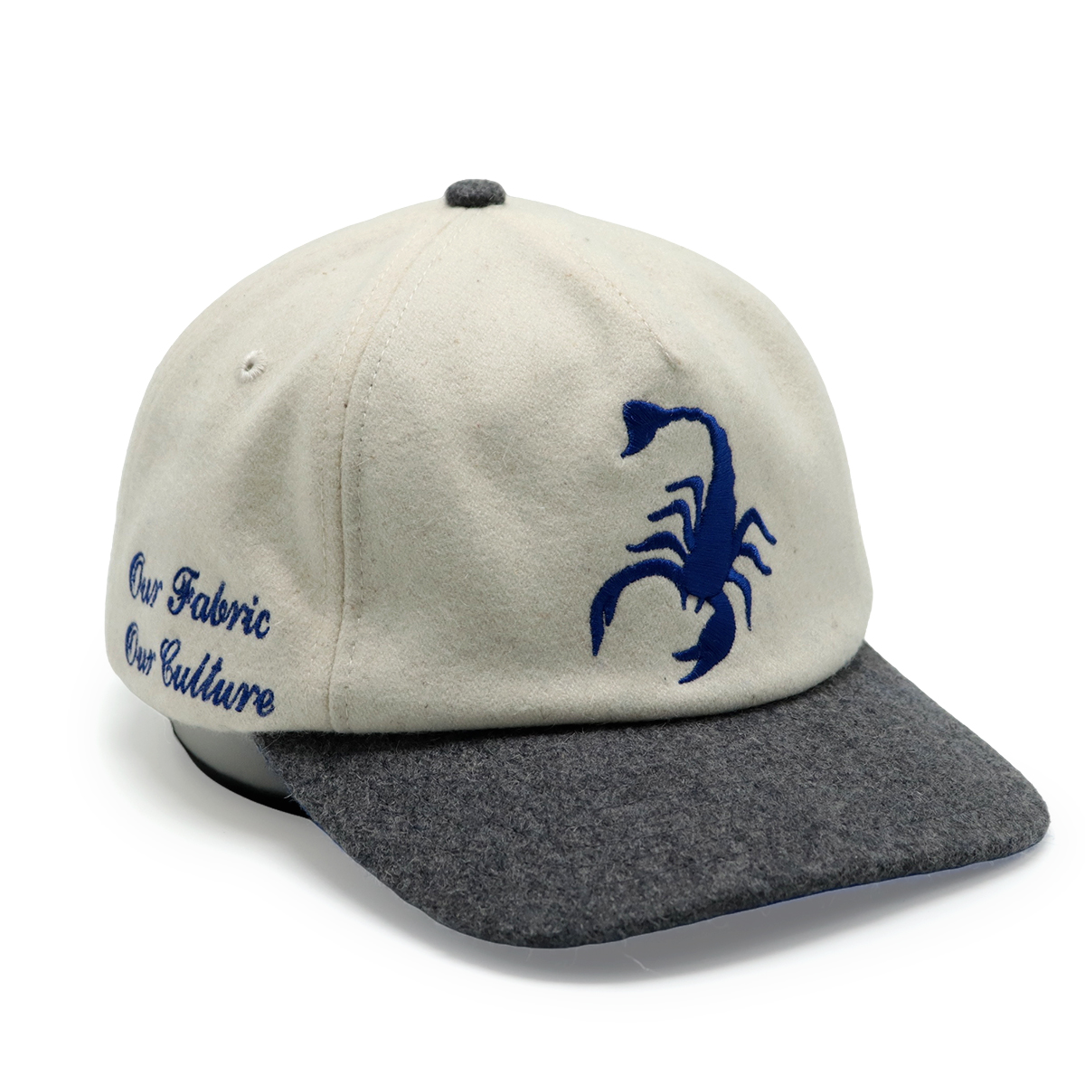 Two-Tone Scorpion Embroidered Wool Baseball Cap – Cream & Charcoal Gray