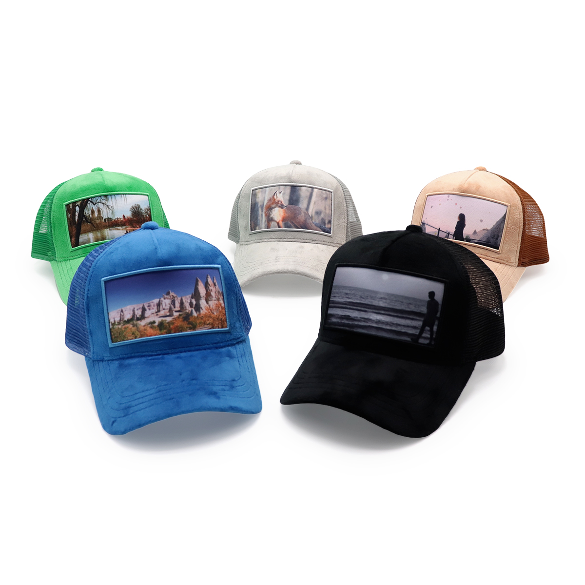 Custom Scenic Photo Suede Trucker Hat – Beige Brown Mesh Snapback Cap, Soft Baseball Hat, Unisex Adjustable